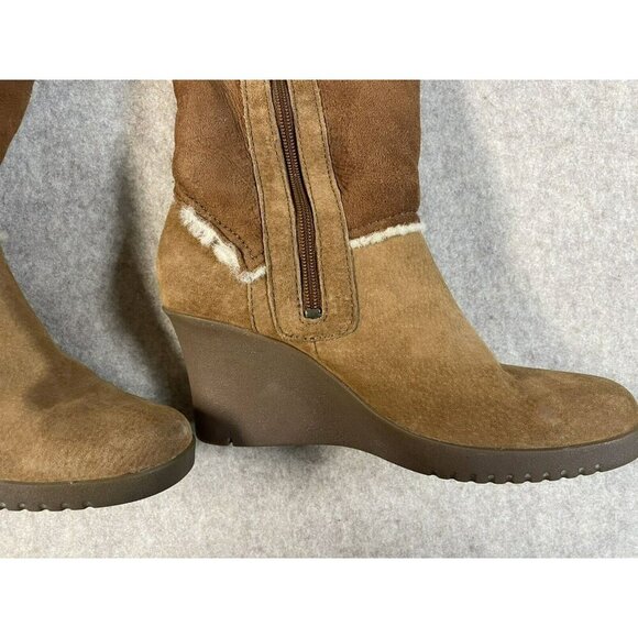 UGG Sandra Knee High Wedge Boots Women 9 Brown Leather Shearling Lined Fold Down - Picture 5 of 16